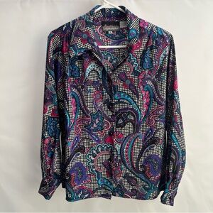 Lady Manhattan - 80s / 90s Vintage Blouse - Size 8 Pink Purple Teal Houndstooth